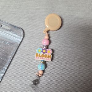 Bloom Beaded Badge Reel with Pink and Blue Accents